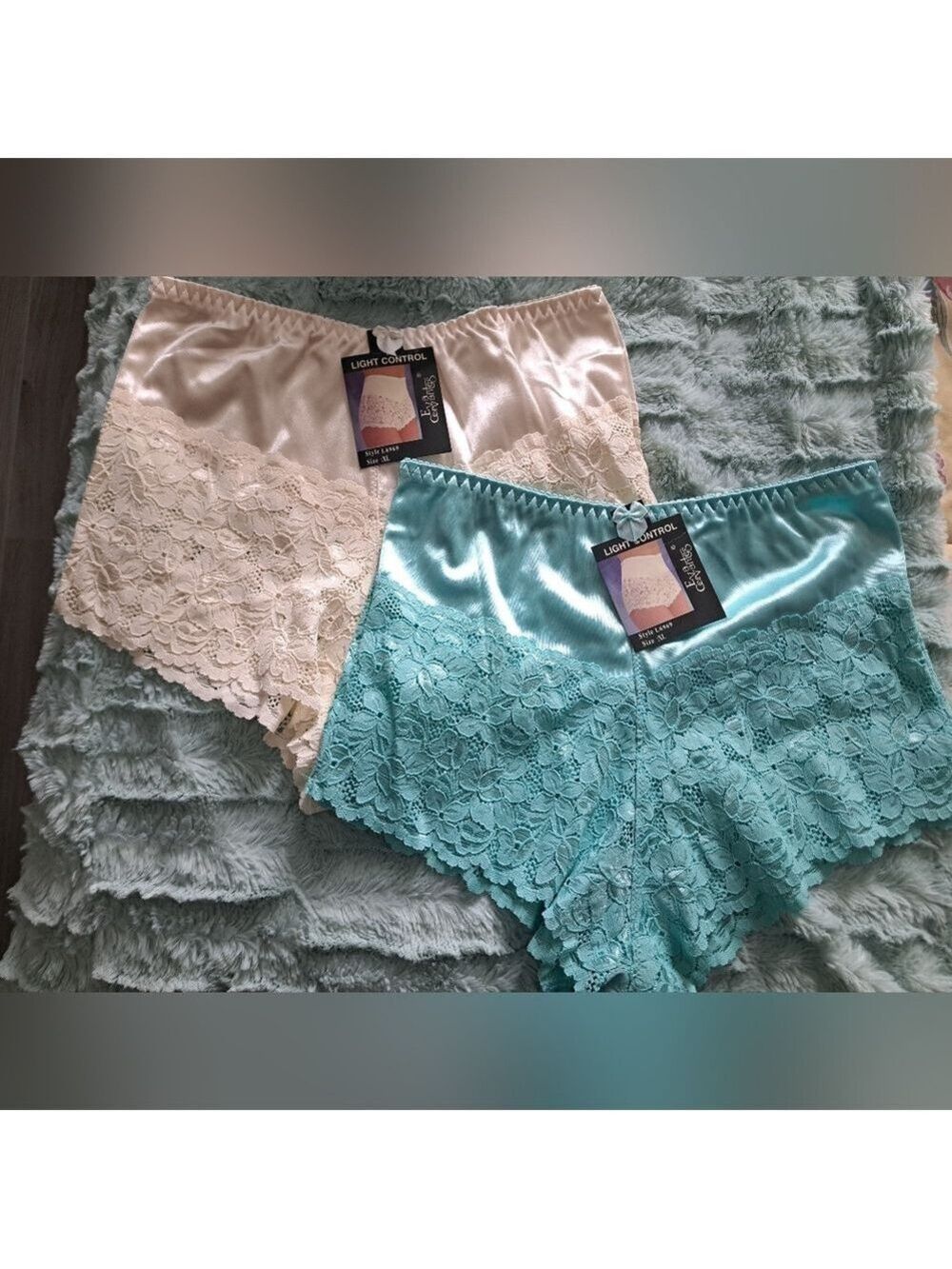 EVA CERVANTES 2 Pair panties lacy silky top light control sassy Beige Aqua XL